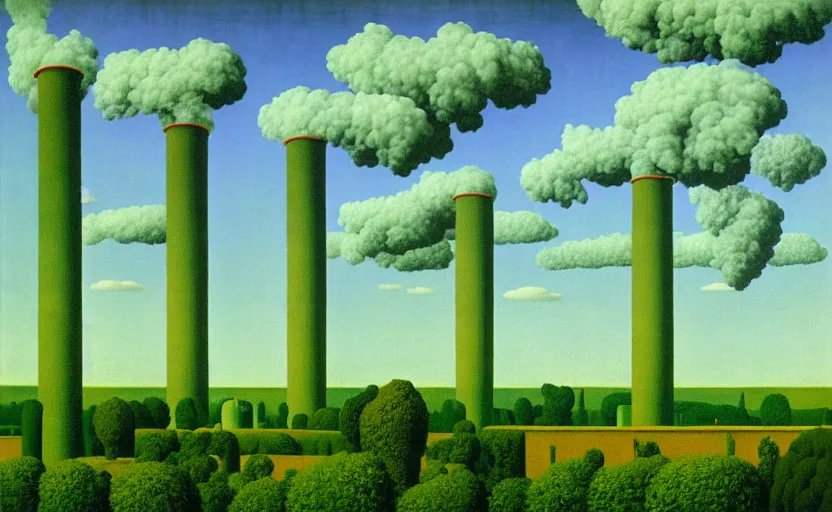 Image similar to industrial chimneys rising out of the undergrowth by rene magritte