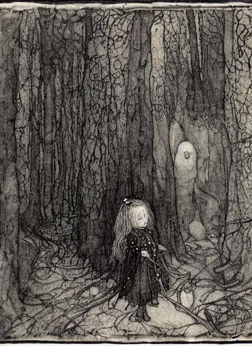 Prompt: little girl in the scary woods, face clearly visible by john bauer, arthur rackham