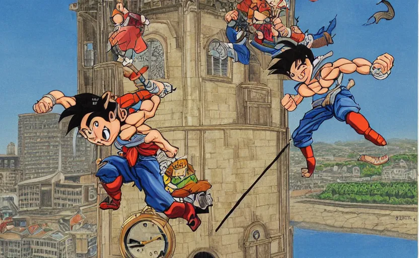 Image similar to a boy fighting a wolf on the edge of a clocktower, by akira toriyama gouache, print