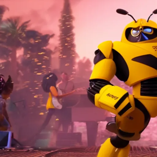 Image similar to bumblebee singing on stage with a keyboard in a pixar movie