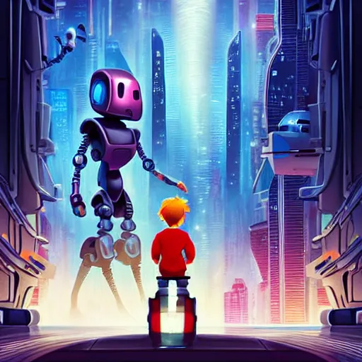 Prompt: film poster, an adventurous boy ( facing the camera ) and his small robot friend, futuristic city backgrond, eleborate composition with foreground and background, depth of field, fantasy illustration by kyoto studio, don bluth!!!, square enix, cinematic lighting