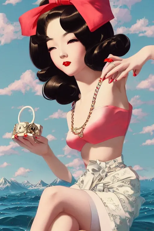 Image similar to a vintage pin up and beautiful fashion dreamlke japan girl with lv jewelry, character art, art by artgerm and wlop and and ilya kuvshinov, hyperdetailed, 8 k realistic, symmetrical,, frostbite 3 engine, cryengine, dof, trending on artstation, digital art, chanel, dior, fantasy background