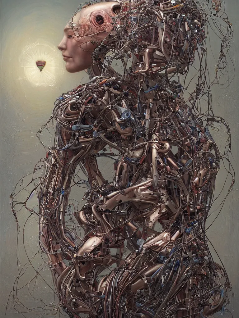 Prompt: portrait of a beautiful female android robot holding a realistic anatomical heart in her hands and crying, there are wires coming from her heart, tangled and entwined with her long flowing hair, mecha, biopunk, painting by James C. Christensen, by Dan Witz, by tomasz alen kopera