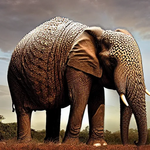 Image similar to a Elephant with the armor of a pangolin, national geographic photograph