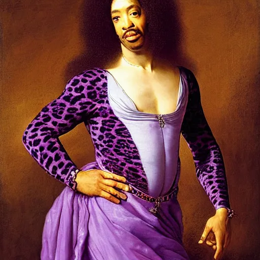 Prompt: portrait of Rick James wearing a purple leopard print leotard, masterpiece by Eugene de Blaas