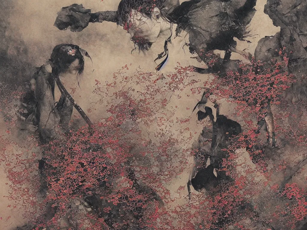 Image similar to Japanese schoolgirl runs away from Samurai with a katana on the subway, high detailed Beksinski painting, part by Adrian Ghenie and Gerhard Richter. art by Takato Yamamoto. masterpiece