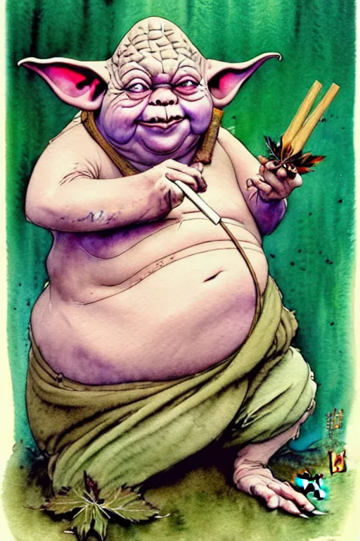 Image similar to a realistic and atmospheric watercolour fantasy character concept art portrait of a fat yoda with pink eyes giggling and holding a blunt with a pot leaf nearby, by rebecca guay, michael kaluta, charles vess and jean moebius giraud