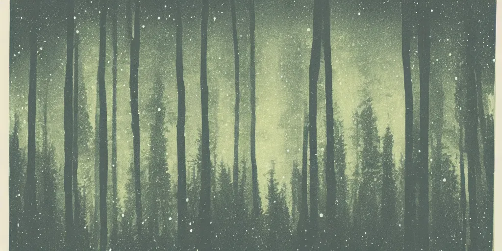 Image similar to a forest under the stars, 1940s faded risograph print, illustration, limited color palette, earthtones, double-exposure, astrophotography