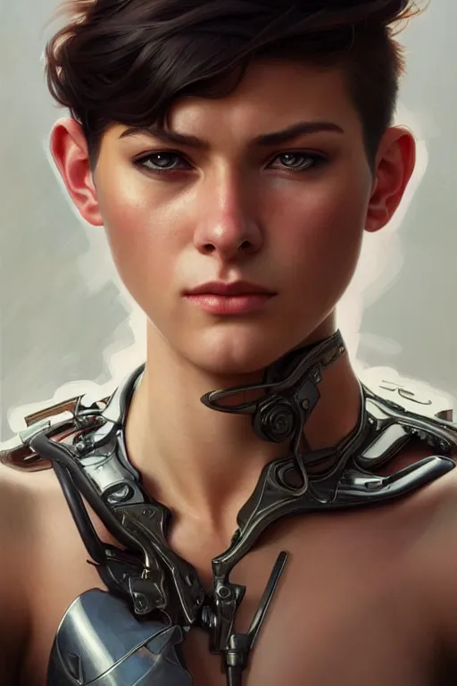 Image similar to photorealistic portrait of a young butch cyborg woman, handsome, female, masculine, upper body, fantasy, fierce, sharp features, intricate, elegant, highly detailed, digital painting, artstation, concept art, matte, sharp focus, illustration, art by artgerm and greg rutkowski and alphonse mucha