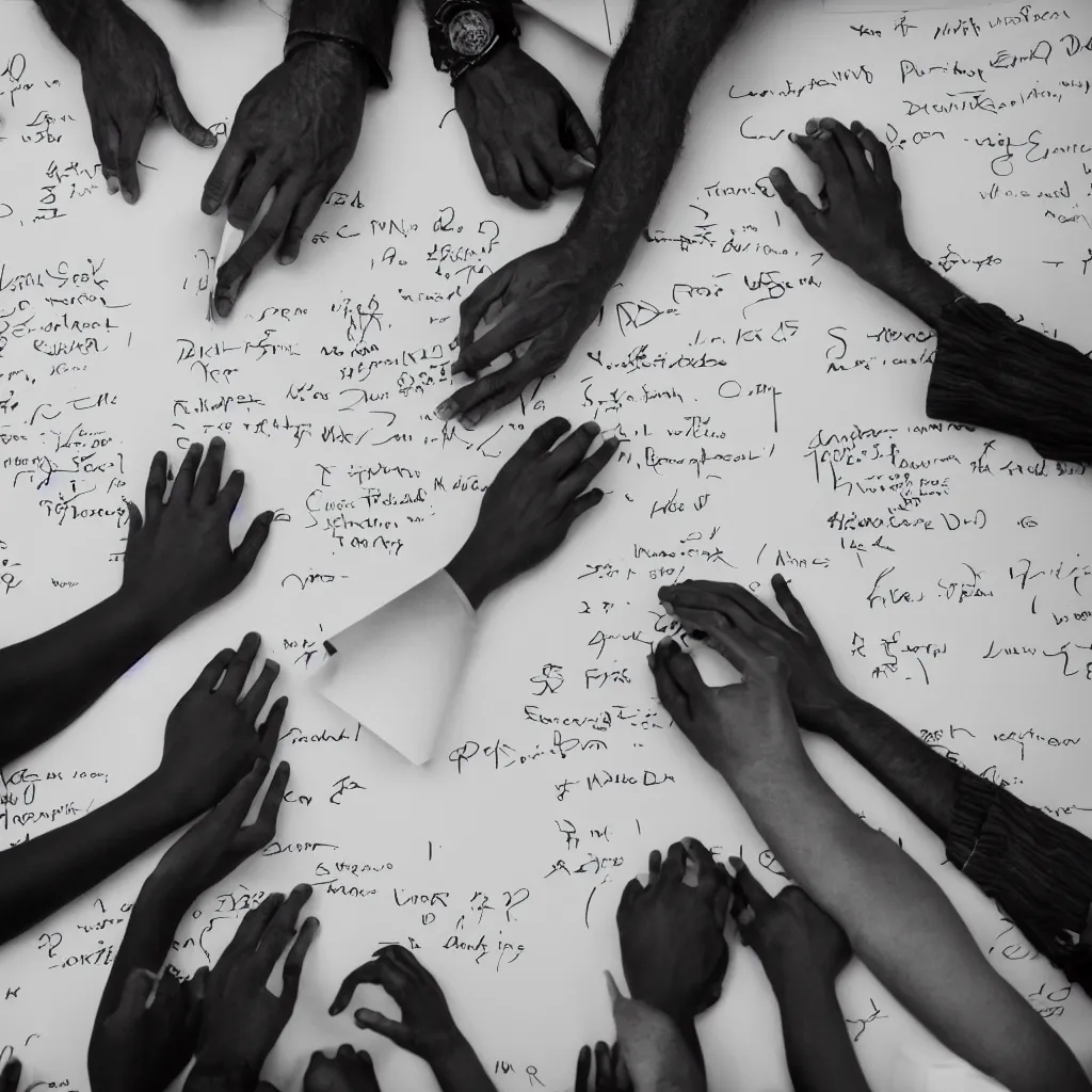 Prompt: Hands of men, white, black, asian, indian, women, children writing on a sheet of paper, close-up, corporate portrait, sigman 85mm, f 1/4