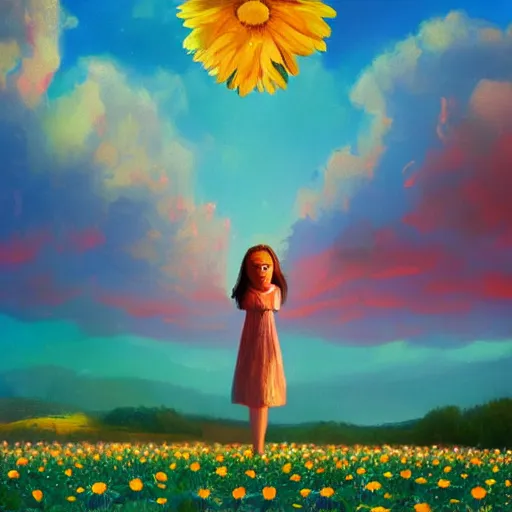 Image similar to girl with a giant daisy head, surreal photography, flower field, sunset dramatic light, impressionist painting, colorful clouds, blue sky, digital painting, artstation, simon stalenhag