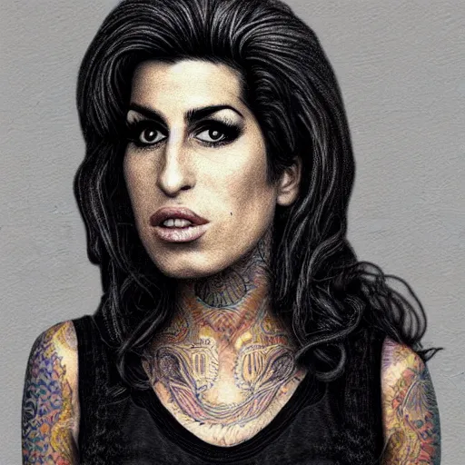 Prompt: Realístic portrait of Amy Winehouse as an old woman in the style of Chuck Close intricate, elegant, highly detailed, digital painting, artstation, smooth, sharp focus, illustration