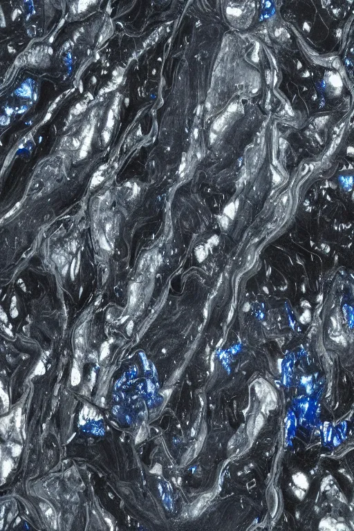 Image similar to dripping melted sapphire on black veined marble hyperrealistic lighting shine baroque rococo