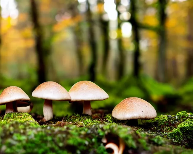 Prompt: a cluster of mushrooms in a forest, moss, autumn, warm colors, photography, depth of field