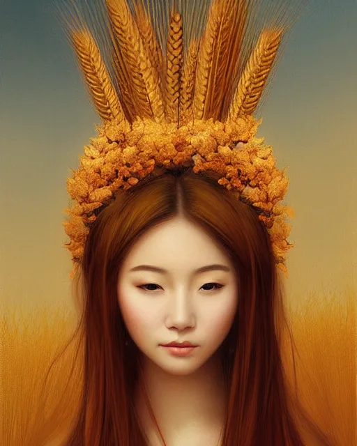 Image similar to goddess of autumn, with wheat ears on her head, chinese beauty, half - length head portrait, dreamy, beautiful, by wlop