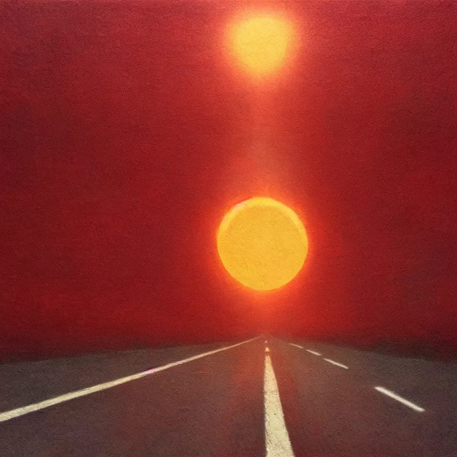 Image similar to atmospheric original artwork of a highway road that is a blood artery leading to the heart's core, which is like the sun.