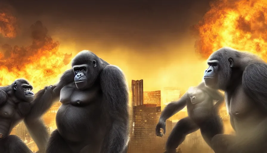 Image similar to concept art of hard combat of two huge gorilla in burning tokyo city, cinematic composition, golden lighting, action scene, strong perspective