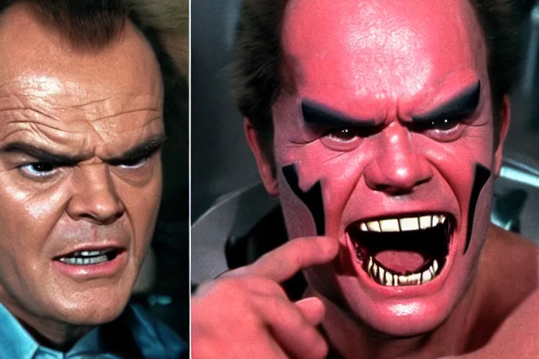 Image similar to Jack Nicholson in costume of Pikachu Terminator scene where his endoskeleton gets exposed and his eye glow red still from the film