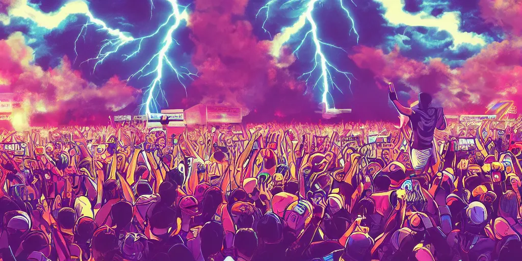 Image similar to Lightning strikes while rapper performs for huge crowd reaching up to him, digital art, vapor wave, hip hop, trending on Artstation, professional artist, detailed, 4k