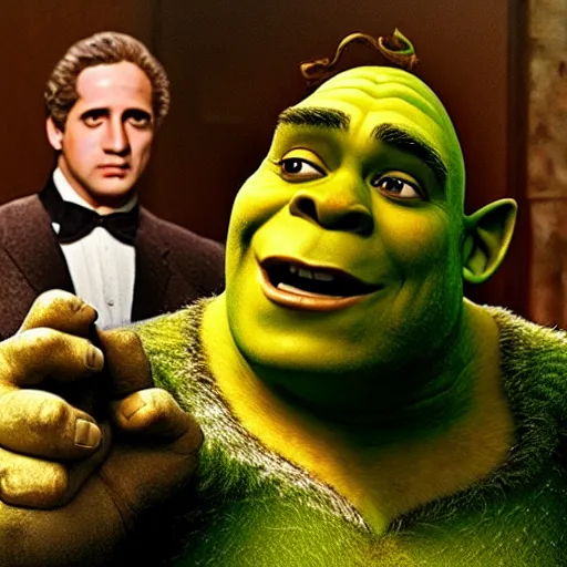 Prompt: movie still, shrek as michael in the godfather