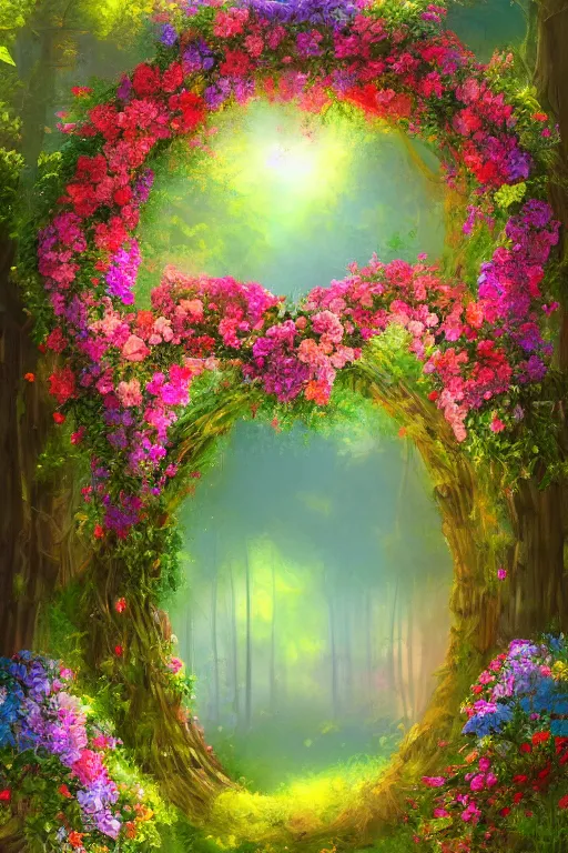Prompt: A beautiful digital illustration painting of a floral archway in the woods, painted by Blair Leighton and Lisa Frank , 8k resolution deviantart trending on Artstation concept art digital illustration