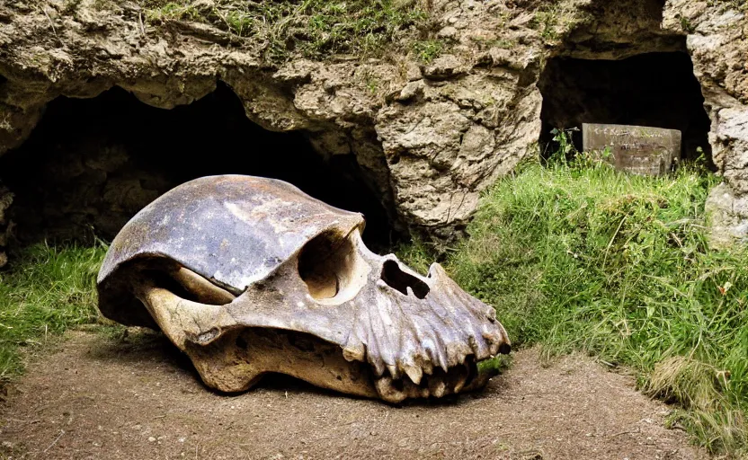 Image similar to cave built into an early medieval village lit by torches, large dinosaur skull, plants