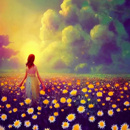 Image similar to head and face made of giant daisies, girl standing barefoot in a flower field, holding flowers, surreal photography, sunrise dramatic light, impressionist painting, colorful clouds, large sky, digital painting, artstation, simon stalenhag, flower face