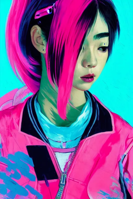 Prompt: portrait of a stylized japanese cyberpunk girl, wearing a bomber jacket, painted in acrylic, pigment textures, in the colors hot pink and cyan, beautiful realistic face, rule of thirds, spotlight, by greg rutkowski, by jeremy mann, by francoise nielly, by van gogh, by ross tran, in focus