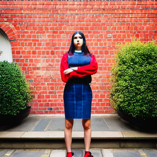 Image similar to un ultra high definition editorial photographic portrait of a female designer standing outside her trendy red brick london home wearing all eclectic clothes. wide angle. three point light. golden hour, golden ratio, ray tracing, volumetric light and shadow, shallow depth of field.