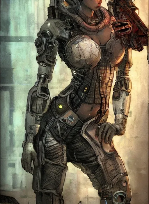 Image similar to female cyberpunk demigod, character design by enki bilal, close - up, detailed, intricate, moody : : very coherent, trending on artstation