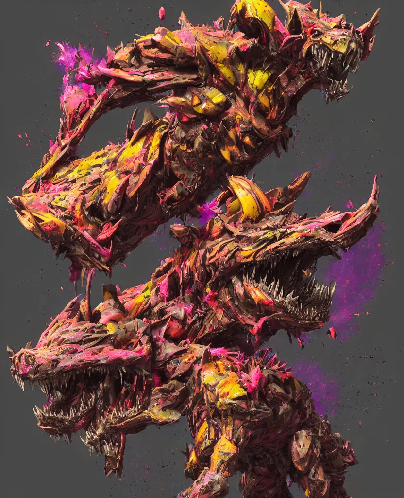 Prompt: a fierce hostile 3 d render of hellhound, pixiv fanbox, dramatic lighting, giant gladiola, maximalist pastel color palette, splatter paint, pixar and disney exploded - view drawing, graphic novel by fiona staples and dustin nguyen, peter elson, alan bean, wangechi mutu, trending on artstation