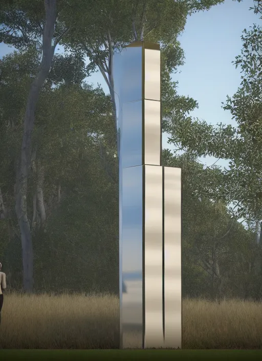 Image similar to highly detailed realistic architecture 3 d render of a mirrored stele monument in frank lloyd wright style standing on a side of a highway, archdaily, made in unreal engine 4 octane render