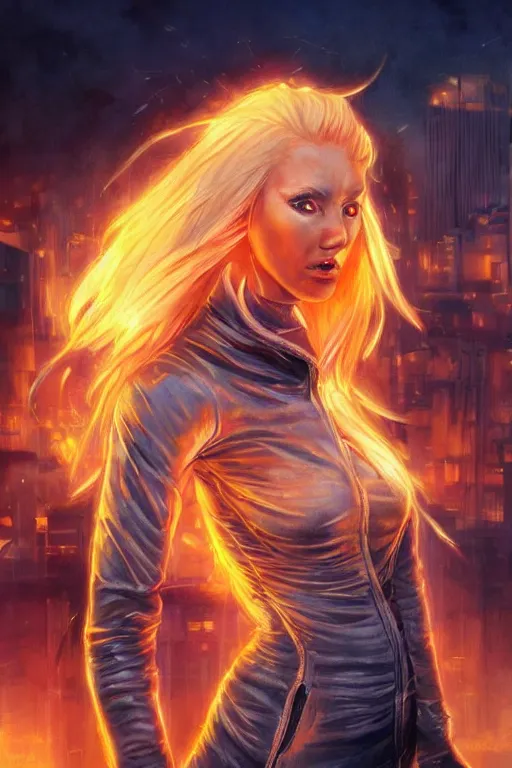 Prompt: wonderful blonde woman hair on fire with flames dancing on her hands with a long jacket in a cyberpunk city, realistic mouth, realistic, high definition, detailed and symetric face, detailed and realistic hands, expressive eyes, 4 k, shimmering color, art by artgerm ans greg rutkowski and magali villeneuve