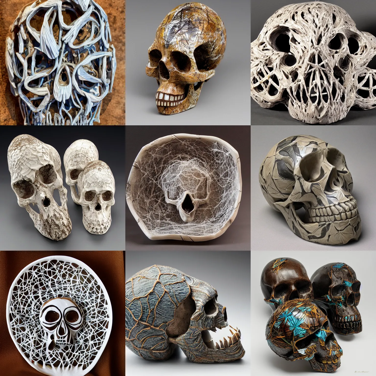 Prompt: abstract shaped skulls and bird made out of thick webs, color, glossy, highly detailed carving on southern ice porcelain, partially glazed, woodfired, art gallery