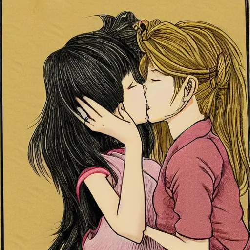 Image similar to portrait of two girls kissing, detailed manga art