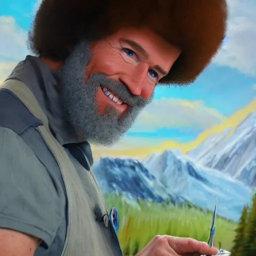 Image similar to a closeup photorealistic photograph of bob ross working on a canvas painting of captain america. happy trees, mountain scape. film still. brightly lit scene. this 4 k hd image is trending on artstation, featured on behance, well - rendered, extra crisp, features intricate detail, epic composition and the style of unreal engine.