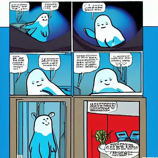 Prompt: blue baby harp seal in skyscraper office, comix by dave gibbons and john higgins