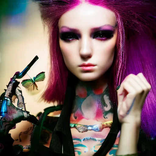 Image similar to Ethereal, mysterious stunning maximalist mesmerizing cyberpunk girl named Claire Boucher from the rainbow sky paradise, high-tech, professional high fashion model photo shoot, hyperdetailed by Mark Ryden and artgerm and Hiroyuki-Mitsume Takahashi, close-up 35mm macro shot, hyperrealism, 8k resolution 3D, cinematic, dynamic lighting, octane render, unreal engine 5