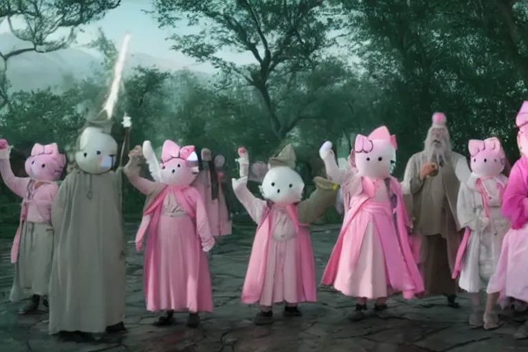 Image similar to group shot of many Gandalfs wearing pink Hello kitty costumes, laughing maniacally, sunrise, movie still from Lord of the Rings, cinematic