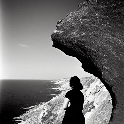 Prompt: ''a robert capa's photograph of a woman in a black dress on the edge of a cliff looking out to the horizon''