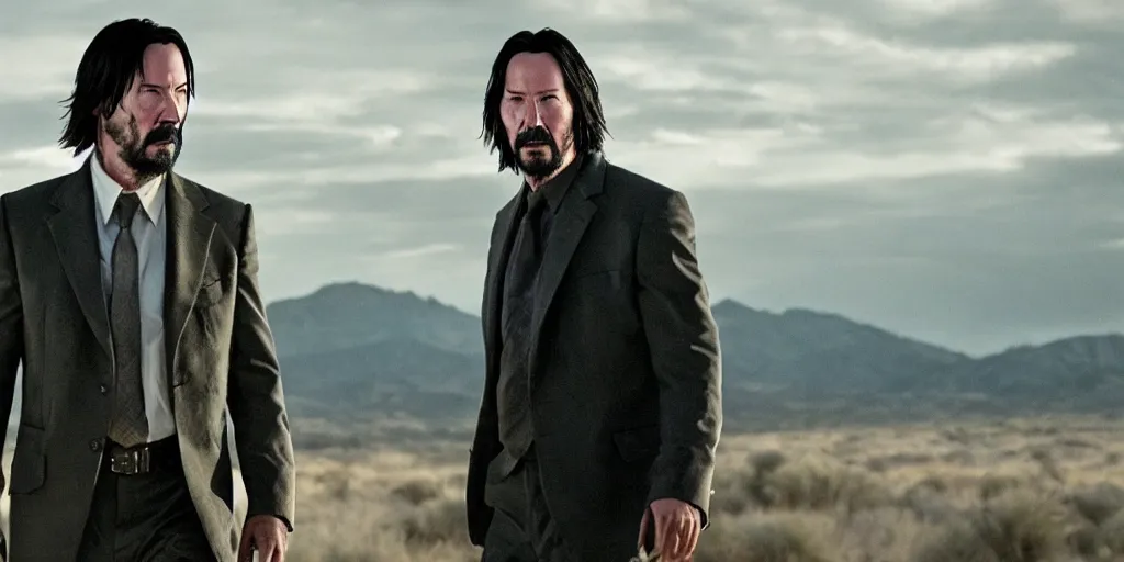 Image similar to old keanu reeves in Logan, cinematic, ultrawide angle