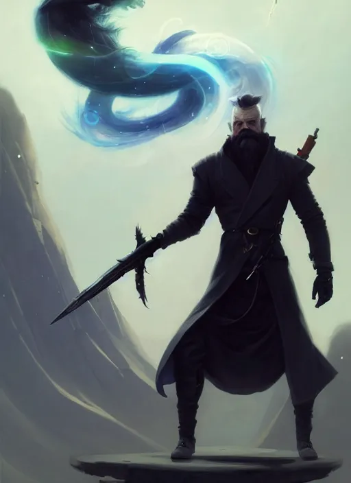 Prompt: full body picture of an legendary weapon master, holding a ego weapons to the camera, long black jacket, neat white beard, bored, smoking, messy ground by so many ego weapons, smoking, intricate, masterpiece, epic fantasy illustrations by peter mohrbacher and anato finnstark and jeremy lipking