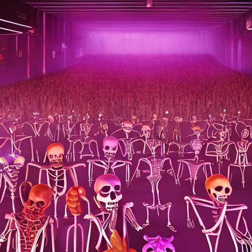 Image similar to photo, a giant crowd of realistic claymation skeletons sensually inside a colorful futuristic night club, edge lighting