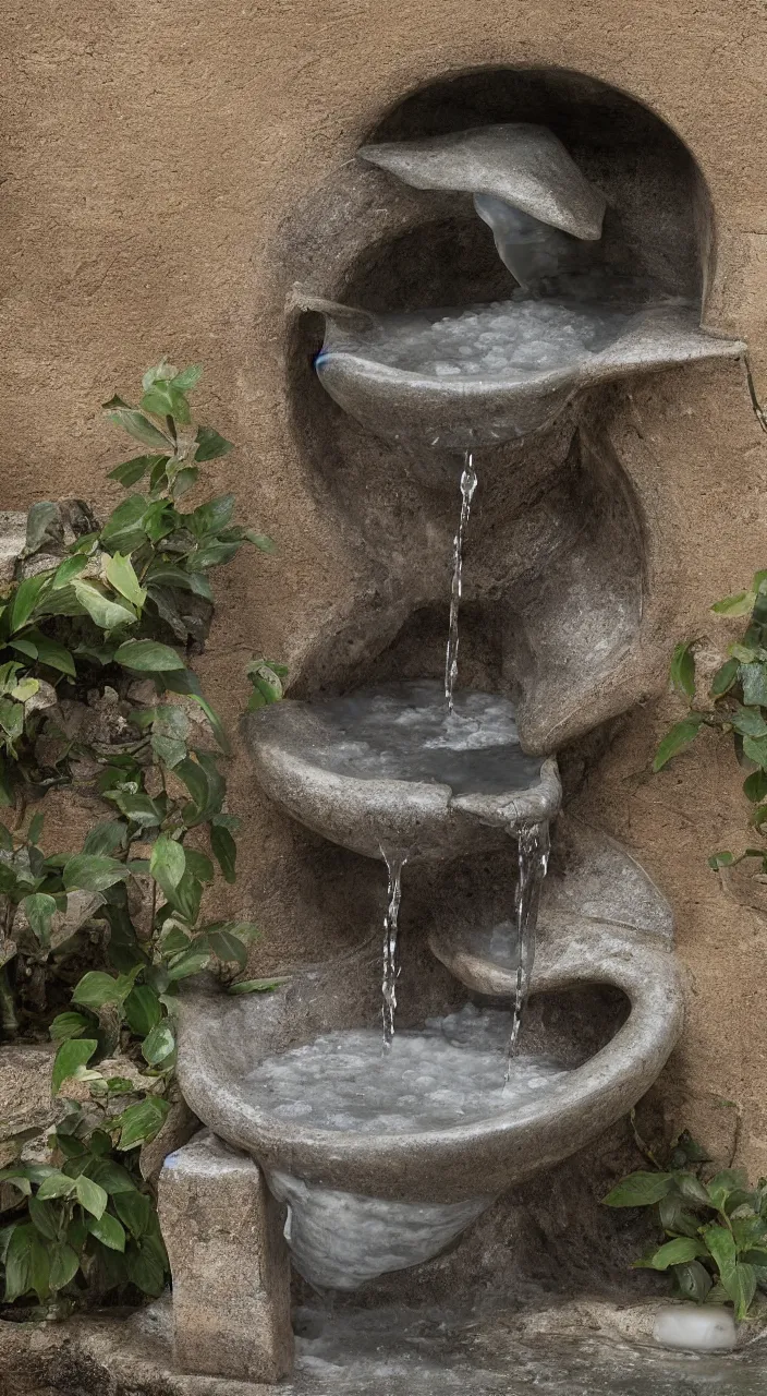 Image similar to a stream of water entering a biomorphic fountain and producing a coin, in the style of carlo scarpa, photographic , 8k