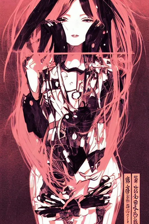 Prompt: professionally drawn shoujo mature cyberpunk detective horror romance manga comic cover full color, beautifully drawn coherent professional, drawn by ilya kuvshinov, dave mckean, alphonse mucha and tsutomu nihei. japanese script kanji hiragana on the cover. simplistic minimalist stylized cover art.