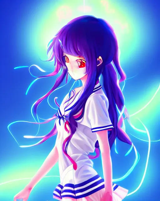 Image similar to anime style, vivid, expressive, full body, 4 k, painting, a cute magical girl with a long wavy hair wearing a sailor outfit, correct proportions, stunning, realistic light and shadow effects, neon lights, studio ghibly makoto shinkai yuji yamaguchi