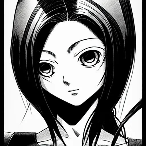 Image similar to alita by yukito kishiro. medium shot. black and white manga. pencil drawing.