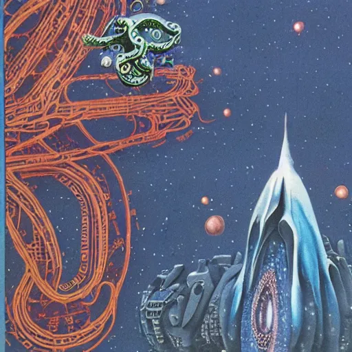 Image similar to cosmic eldritch space squid consuming a city on neptun, epic surrealism, elegant, dreadful cut out collage, 1974