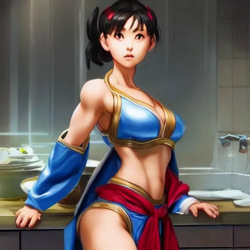 Image similar to chun li wearing a closed bathrobe!!! standing in the kitchen cooking!!!, beautiful face!!!!, 2 7 years old, cg animation, lifelike, animated, realistic, by artgerm, greg rutkowski, 3 d