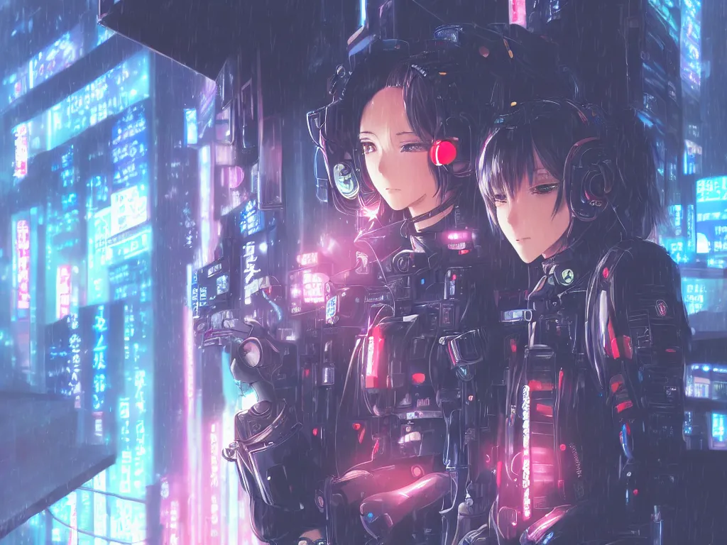 Prompt: portrait key anime visual futuristic female cyber airforce pilot, on cyberpunk neon light tokyo rainy rooftop, ssci - fi and fantasy, intricate and very beautiful, human structure, concept art, sharp focus, anime drawing by huaixuan xiang